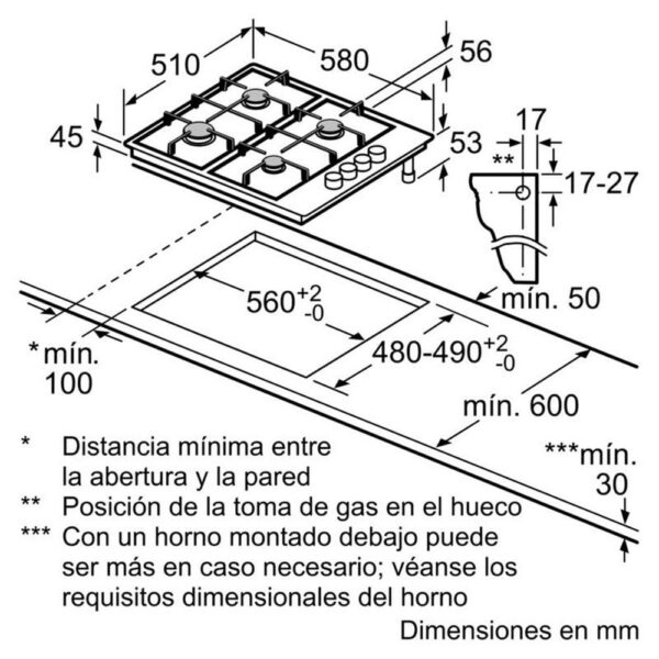 Bosch PGC6B5B90 - Encimera De Gas 3 Zonas Coccion Ancho 60 Cm - Imagen 2