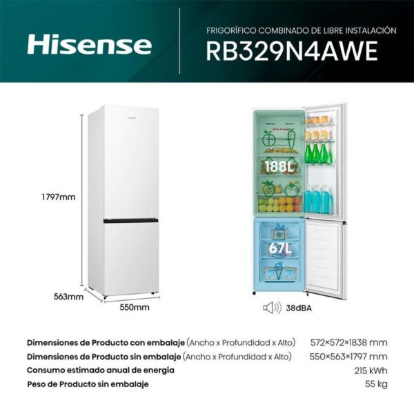 HISENSE RB329N4AWE - FRIGORIFICO COMBI E ALTO 180 CM ANCHO 55 CM BLANCO - Imagen 2