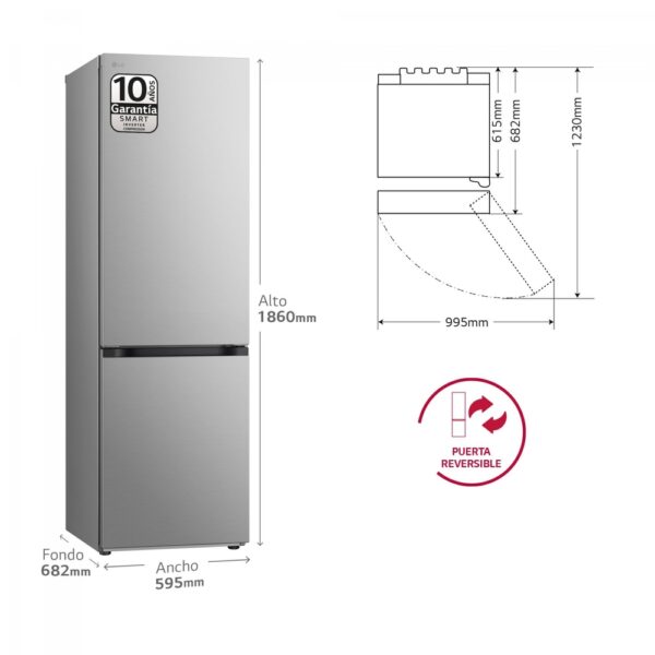 Lg GBV3100DPY - Frigorifico Combi Nofrost D Alto 186 Cm Ancho 59,5 Cm Inox - Imagen 3